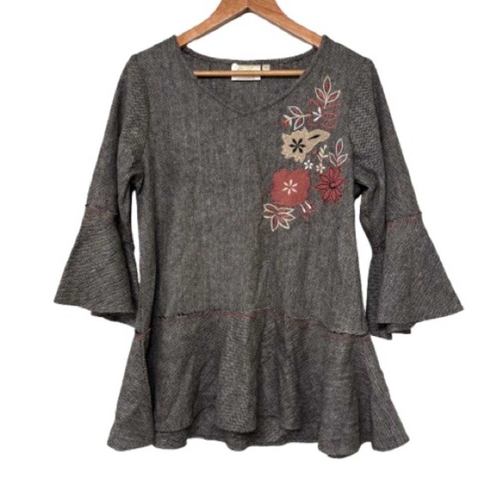 Paper Lace Black/Grey Herringbone Wool Blend Bell Sleeve Embroidered Blouse S